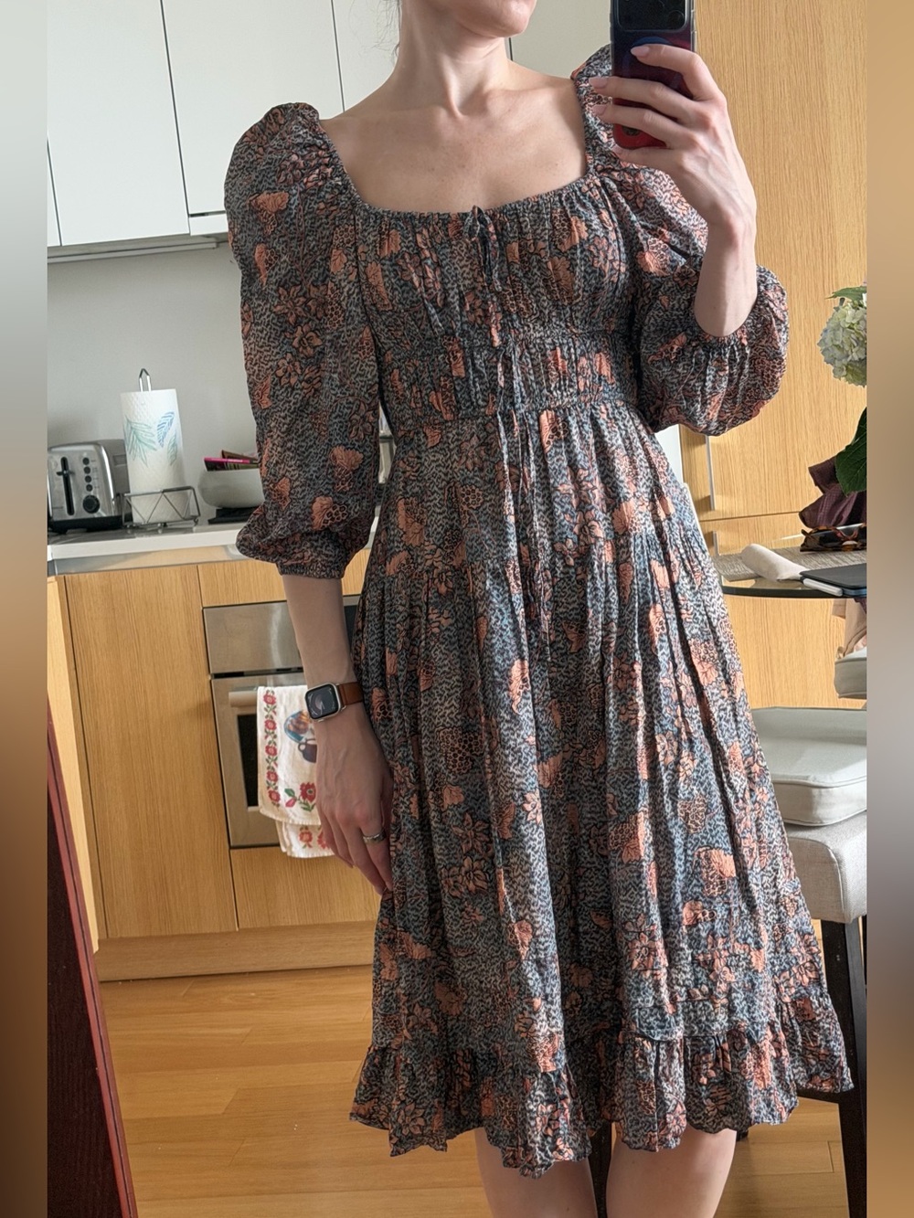 Ulla Johnson Coral Floral Smocked Midi Dress